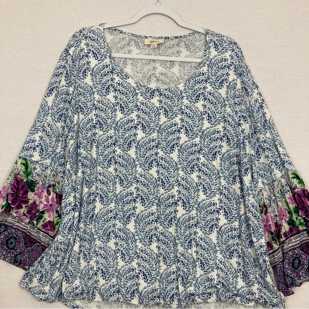 Style & Co Blue Purple Floral‎ Round Neck Stretch Pullover Blouse XXL